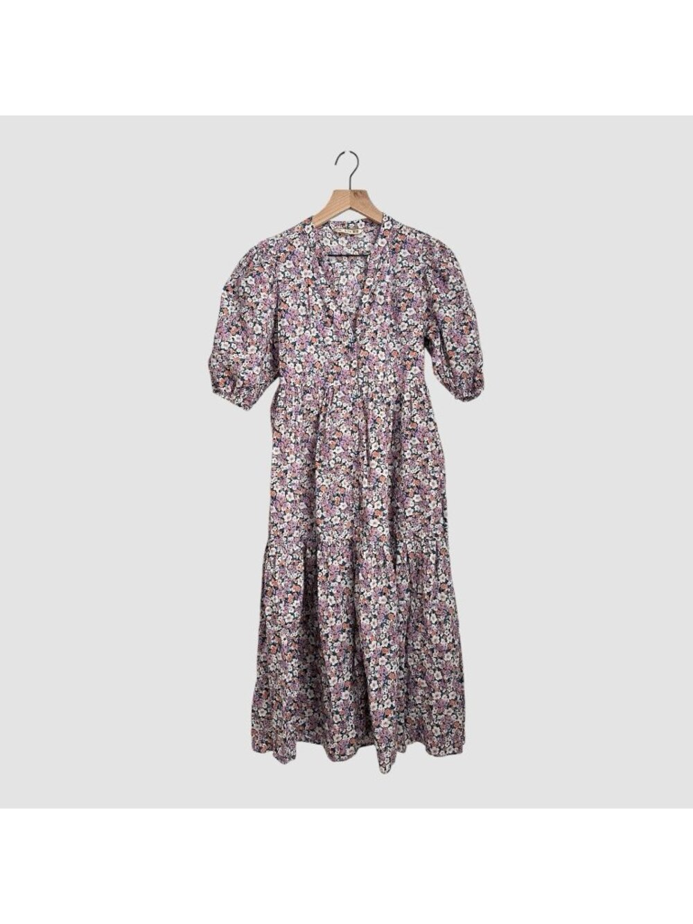 Uniqlo Floral Midi Dress Women’s Size S Cotton Pink Button Front Puff Sleeve